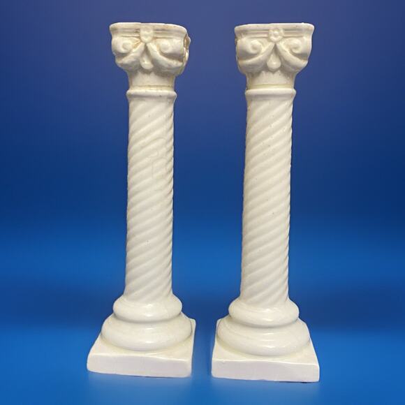Pair of Antique Creamware Pottery Creamware Corinthian Column 8" Candlesticks - Picture 1 of 5